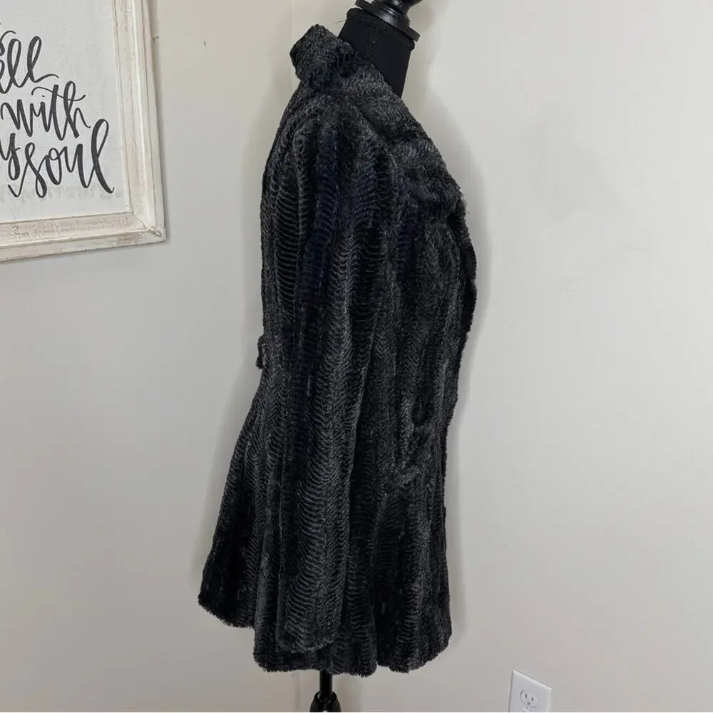 Free People Faux Fur Herringbone Swing Pea Coat Gray Black Rare Size 4